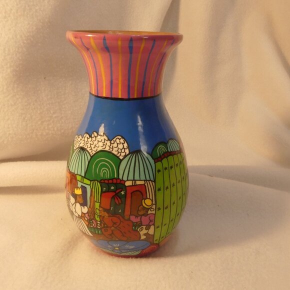 Couumel Island Mexico Brightly Colored Painted Vase Village Scene Hand Crafted - Picture 4 of 9